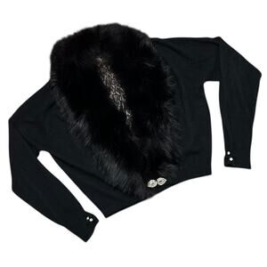 Vintage 50s Black Angora Bolero Cardigan Mink Fur Collar Rhinestone Clip Sz M